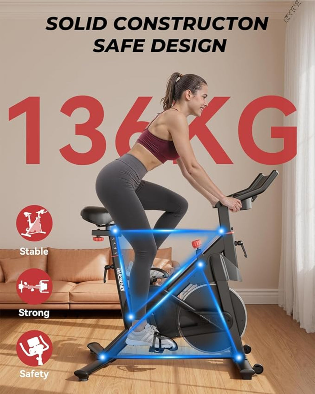 Woman exercising on a stationary bike with text about weight capacity and bike features.