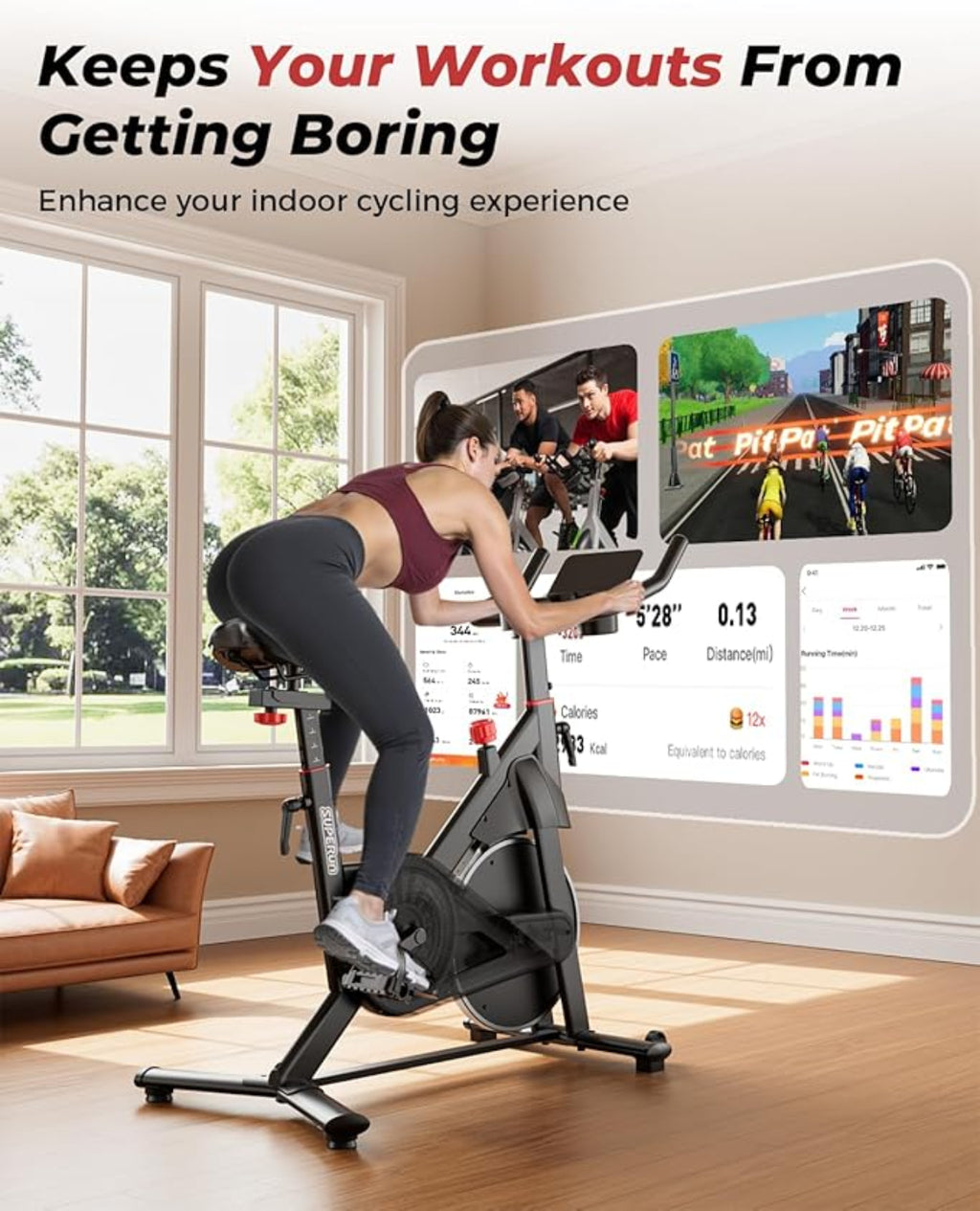 Woman exercising on a stationary bike with a screen displaying a cycling game in a living room.