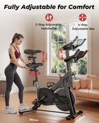 Woman adjusting a stationary bike in a living room with measurements highlighted.