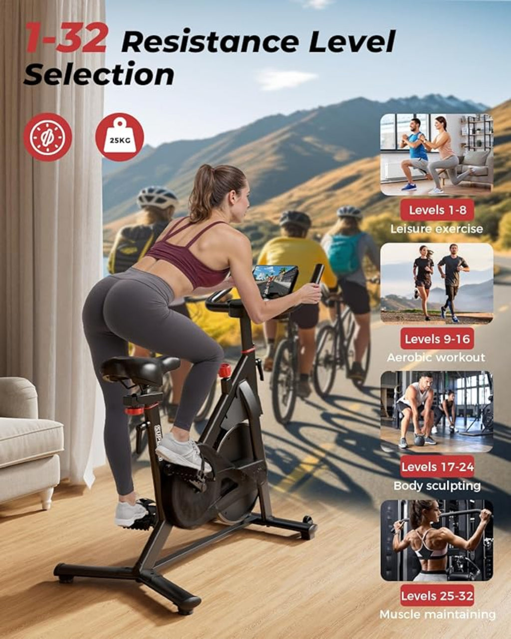 Woman exercising on a stationary bike with resistance level selection features displayed.