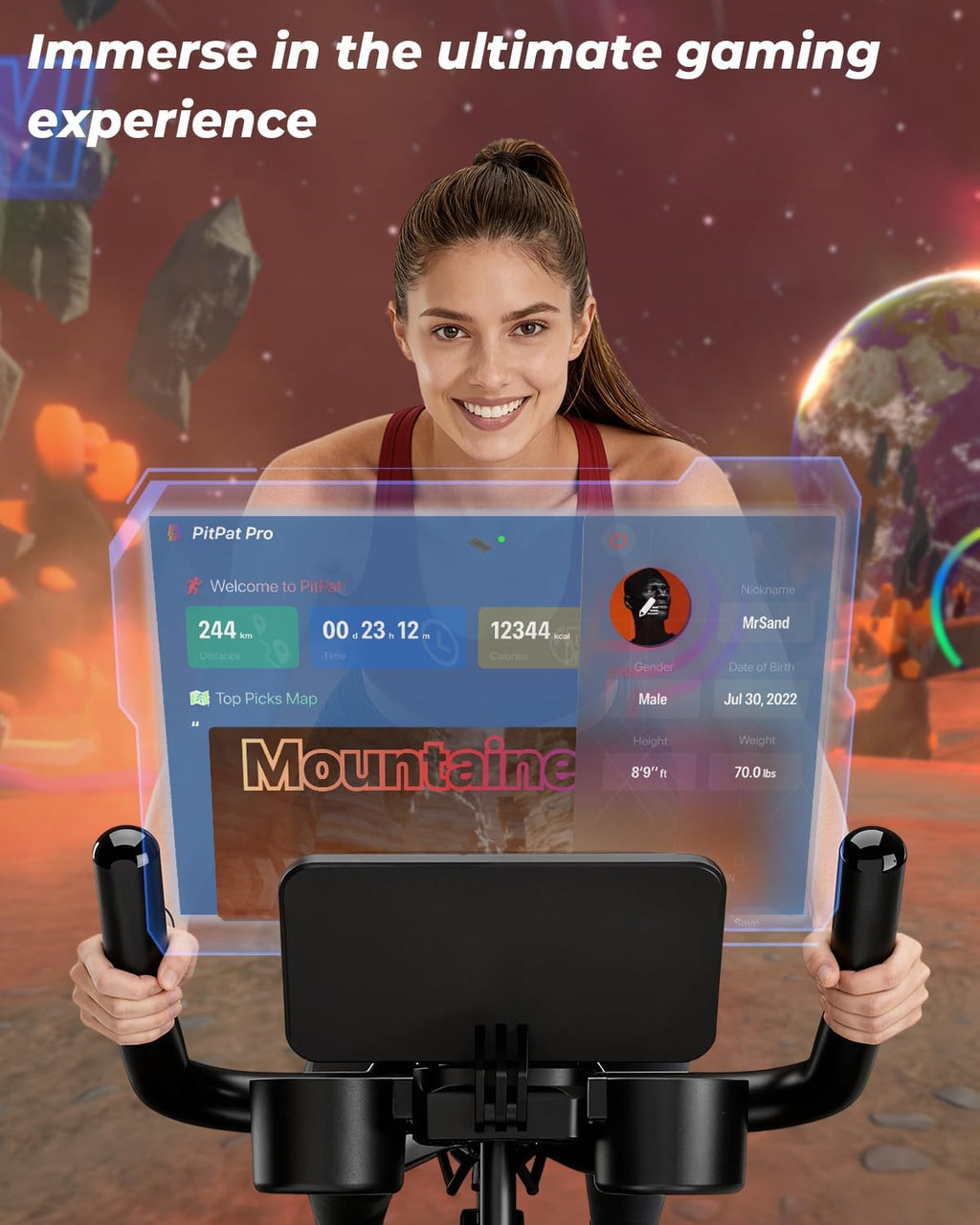 Woman on a gaming bike with a transparent screen displaying a game interface, set against a space-themed background.