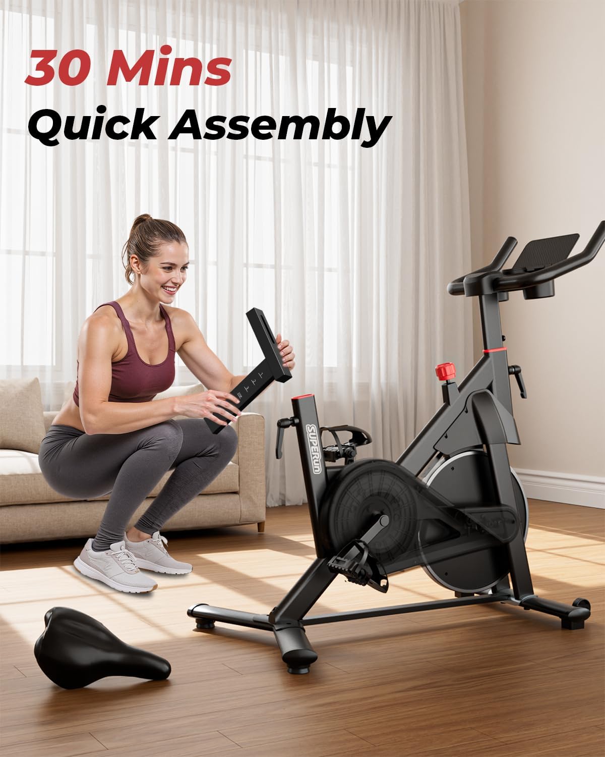 Woman assembling a stationary bike in a living room with text '30 Mins Quick Assembly'.