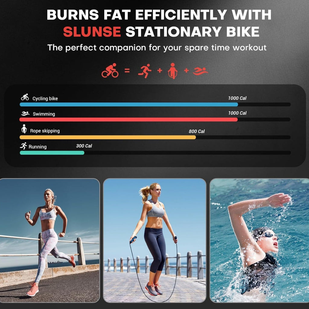 Advertisement for Slunse stationary bike with fitness activities and calorie burn comparison.