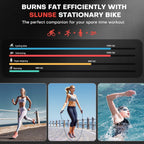 Advertisement for Slunse stationary bike with fitness activities and calorie burn comparison.