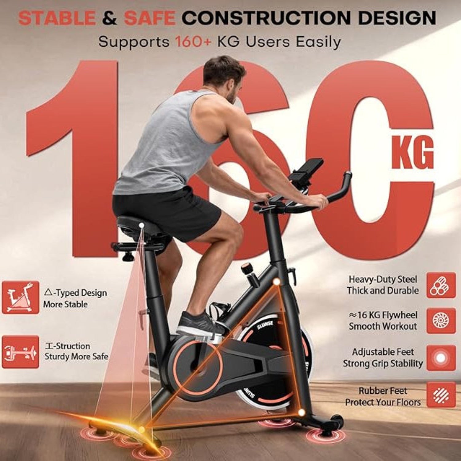 Person using a stationary bike with text highlighting its features and weight capacity.