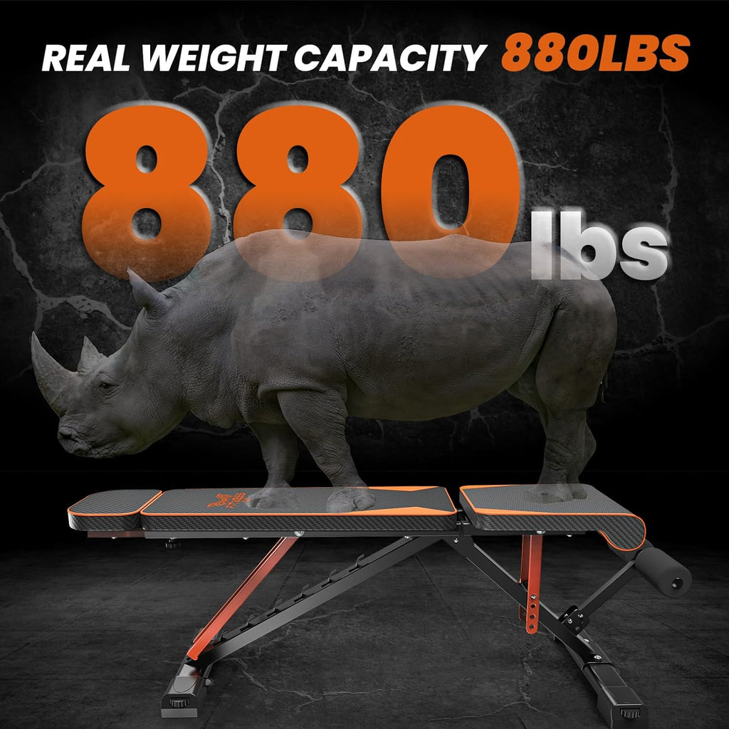 Weight bench with a rhino graphic and '880 lbs' text on a dark background