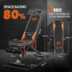 Space-saving adjustable gym bench with dimensions and folding feature details on a dark background