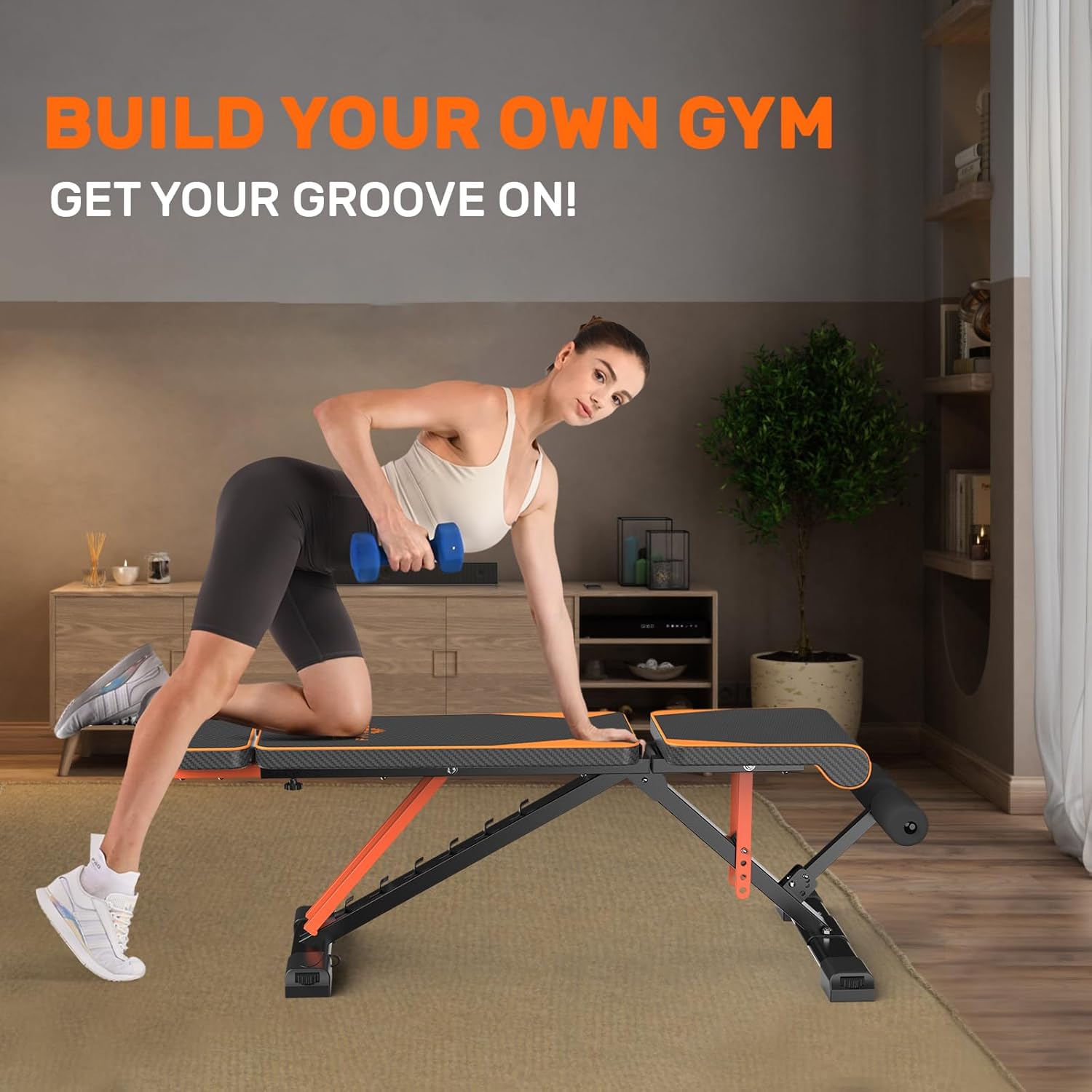 Woman exercising with dumbbells on a weight bench in a home setting with text 'Build Your Own Gym' and 'Get Your Groove On'.