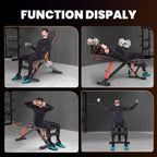 Person using a adjustable weight bench in various exercises with 'FUNCTION DISPALY' text above.